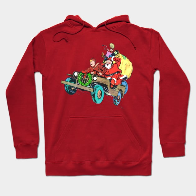 Retro Christmas Military truck at full speed with soldier carrying Santa Claus to deliver gift toys in Christmas fun Vintage Comic Book Hoodie by REVISTANGO